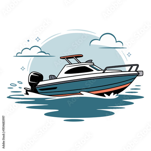 Cute, simple illustration, modern style, playful and fun, white background child art style, in a blue color scheme of a motor boat 