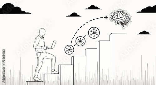 Man climbing stairs with laptop towards a brain, symbolizing knowledge, growth, and learning