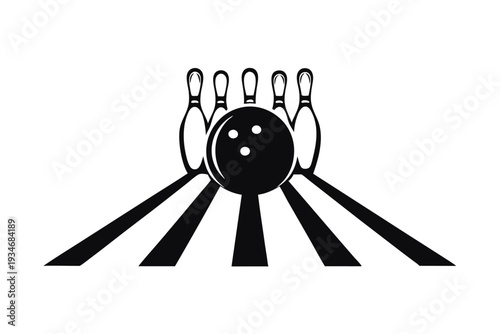 A black bowling ball sits in front of several bowling pins in monochrome