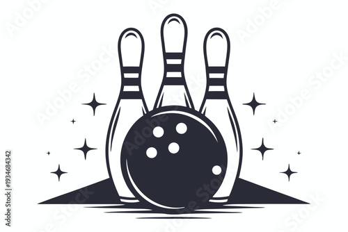 A black bowling ball sits in front of several bowling pins in monochrome