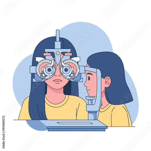 Comprehensive Eye Exam Illustration Depicting a Vision Test with a Young Patient in a Clinic