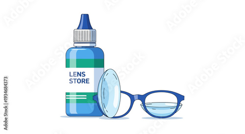 Conceptual Illustration Depicting Contact Lenses, Eyeglasses, And Lens Solution Bottle.