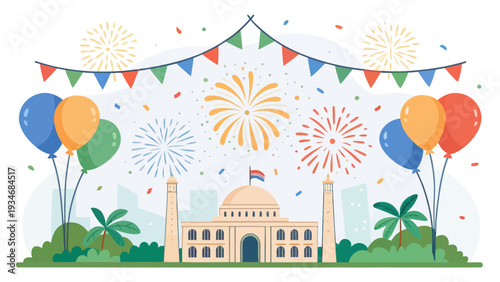 Vibrant national day celebration with fireworks and flags