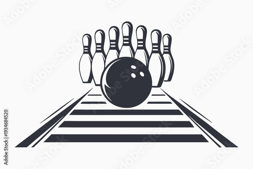 A black bowling ball sits in front of several bowling pins in monochrome