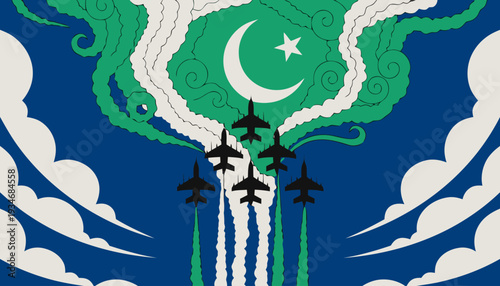 Pakistan air force jets fly in formation with national flag colors