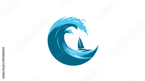Abstract blue ocean wave breaking around a sailboat, dynamic nautical adventure graphic illustration