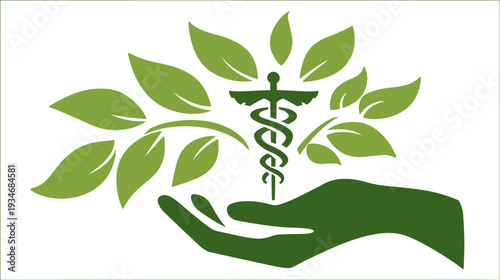 Green hand holding caduceus with leaves, symbolizing natural medicine, holistic health, wellness, organic care, and alternative therapies