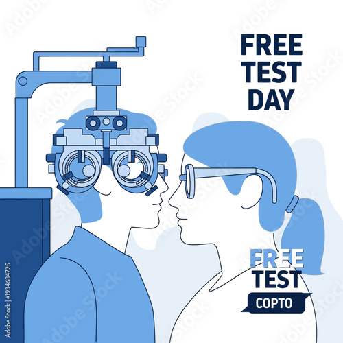 Comprehensive Eye Examination Illustration Featuring Optometry Equipment And Patient Interaction