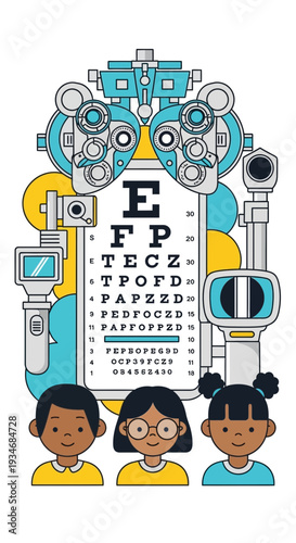 Comprehensive Eye Examination Illustration Featuring Children and Optometric Equipment