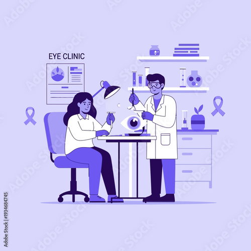 Comprehensive Eye Examination In Medical Office, Illustrated Doctor And Patient Scene For Vision
