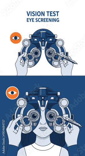 Comprehensive Eye Examination Illustration Showing Modern Vision Test Apparatus and Patient