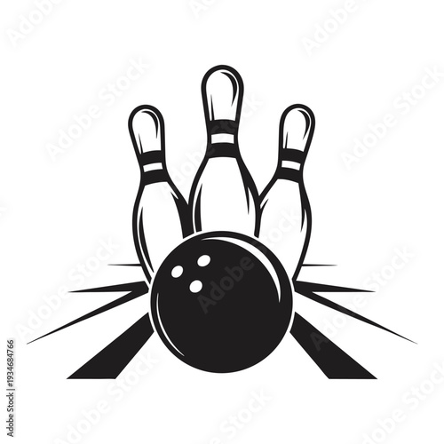 Dark bowling ball strikes pins lined up on the bowling alley for a strike