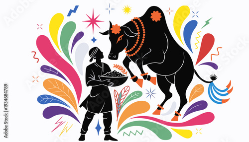 Vibrant illustration of a person offering a bowl to a decorated bull