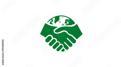 Green global handshake icon for worldwide partnership, environmental sustainability, and international cooperation concept.