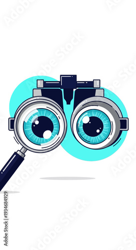 Conceptual Illustration Depicting Eye Examination With Magnifying Glass and Phoropter