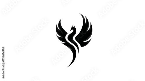 Elegant black mythical phoenix bird silhouette graphic design. Abstract legendary creature logo concept on white.
