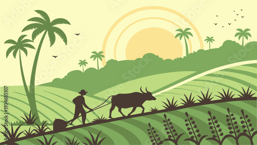 Farmer plowing lush green field with oxen at sunrise
