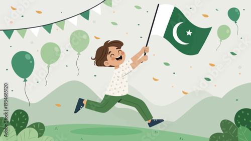 Joyful boy celebrating with Pakistan flag in festive outdoor setting