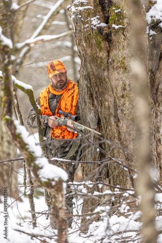 Man hunting deer in the woods and forest with rifle and wearing camouflage and safety orange in the early winter with fresh snow on the ground. 