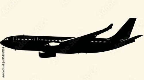 Black silhouette of a commercial passenger airplane in flight, depicting air travel, modern transportation, and global journeys