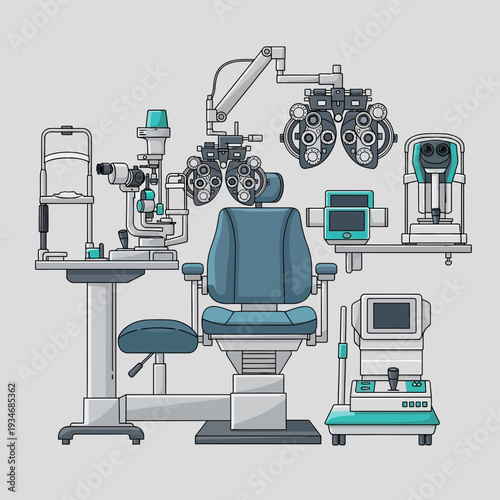 Comprehensive Ophthalmic Examination Room Equipment Displayed in Modern Vector Illustration