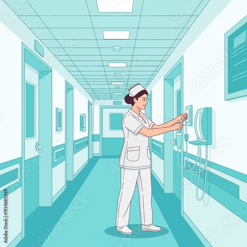 Dedicated Healthcare Professional Adjusts Equipment in a Brightly Lit Hospital Corridor