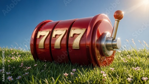 3d slot machine with 777 in casino vibes, summer time
