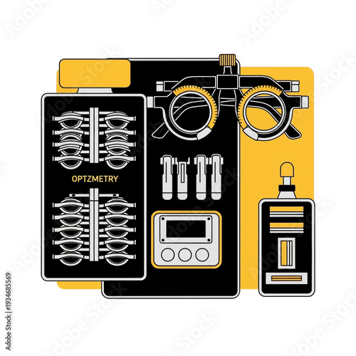 Conceptual Illustration Depicting Modern Optometry Equipment and Diagnostic Tools for Vision Care