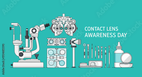 Contact Lens Awareness Day Vector Illustration, Medical Equipment Set Against Turquoise Backdrop
