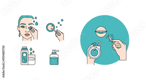 Contact Lens Care Routine Illustrated With Woman Applying And Cleaning Lenses