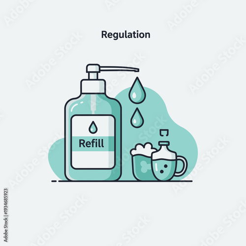 Conceptual Illustration Depicting Refill, Hygiene, Droplets, and Sanitization in Graphic Design