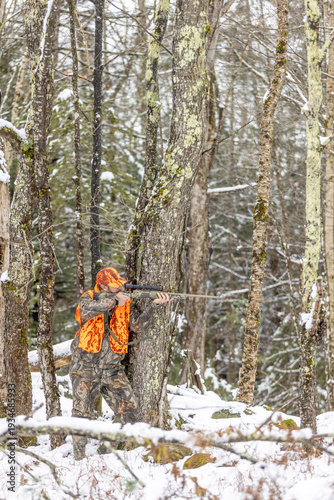 Man hunting deer in the woods and forest with rifle and wearing camouflage and safety orange in the early winter with fresh snow on the ground. 