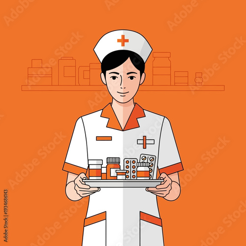 Dedicated Medical Professional Presenting Medications on a Tray Amidst a Vibrant Orange Backdrop