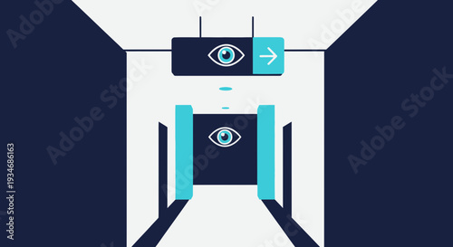 Conceptual Illustration Depicting Surveillance, Data, and Progression Towards An Unknown Destination