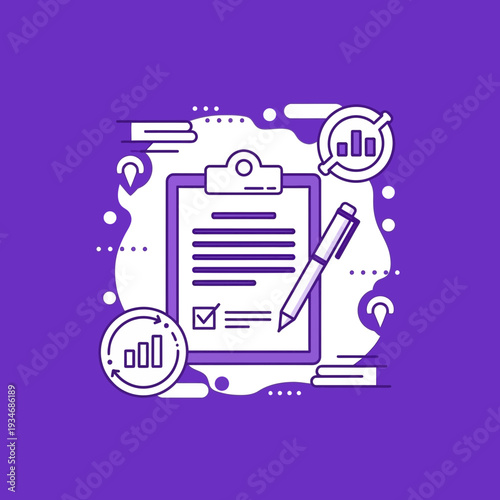 Conceptual Illustration Depicting Tasks, Reports, and Progress Analysis on a Purple Backdrop