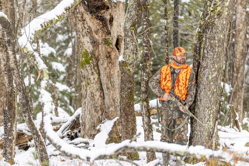 Man hunting deer in the woods and forest with rifle and wearing camouflage and safety orange in the early winter with fresh snow on the ground. 