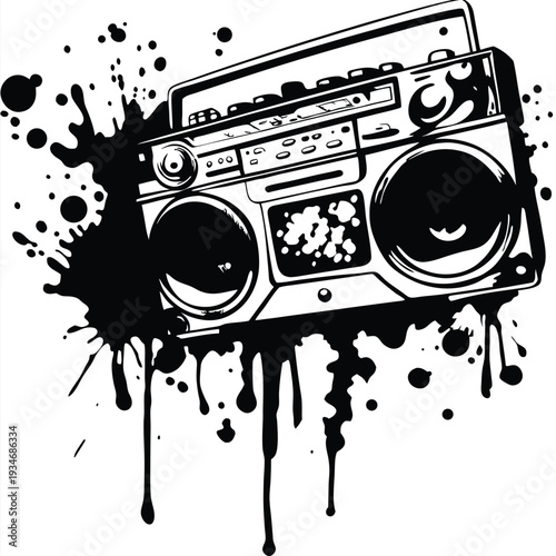 Black ink splashes surround a vintage boombox audio device in a stylistic monochrome image