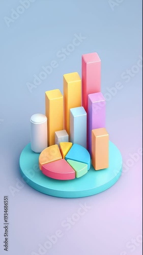 Colorful 3D Render of a Bar Graph and Pie Chart on a Blue Background.