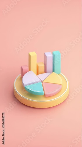 Colorful 3D Render of a Business Chart and Pie Chart on a Pink Background.