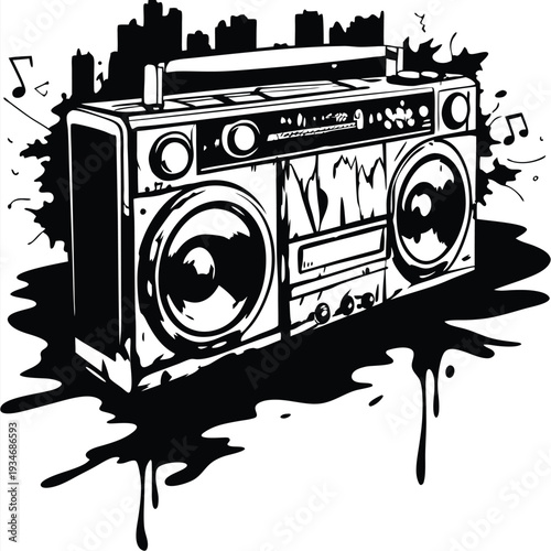 Iconic black and white boombox stands powerfully against a cityscape silhouette backdrop