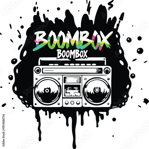 Vibrant boombox illustration features colorful text above a classic stereo with dripping paint accents