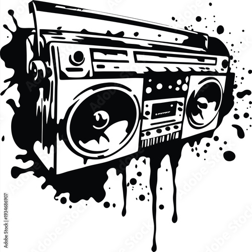 Bold black and white boombox soaks in a striking cascade of inky splatter