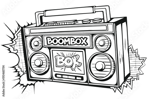 Illustrated retro boombox blasts music with powerful audio, leaving dynamic sound wave effects