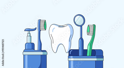 Dental Care Essentials: Tooth, Toothbrush, Mirror, And Cleaning Supplies In A Modern Style