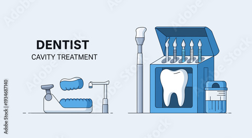 Dental Care Instruments and Tools Illustration, Cavity Treatment, Health and Medical Concept