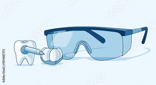 Dental Care Protection Illustration Showing Teeth, Instruments, and Safety Glasses for Health.