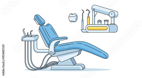 Dental Chair Illustration Showcasing Modern Equipment and Tools in Detailed Line Art