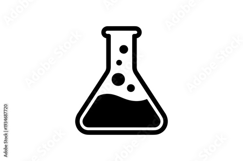 Flask chemical reaction with bubbles and liquid inside, simple black outline design for laboratory. featuring beaker, science, chemistry with
