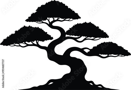 Black silhouette of a bonsai tree on a white background