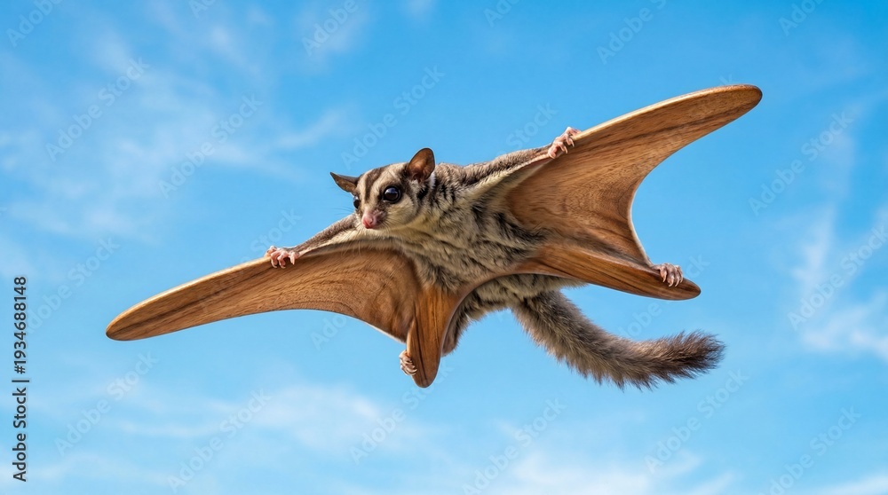 Fototapeta premium Sugar glider with wood grain wings flying in blue sky, organic design concept